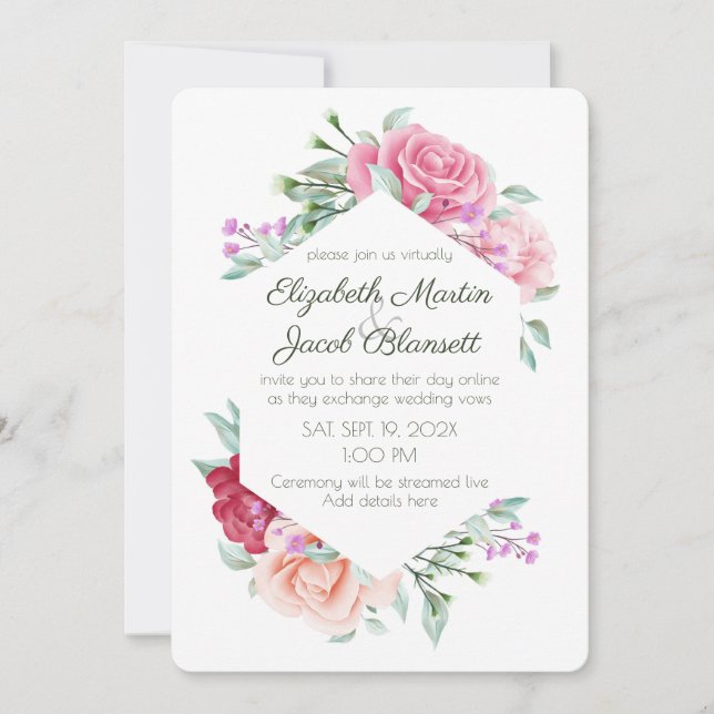 Invitation Aquarelle rose roses et violettes Mariage virtuel (Devant)