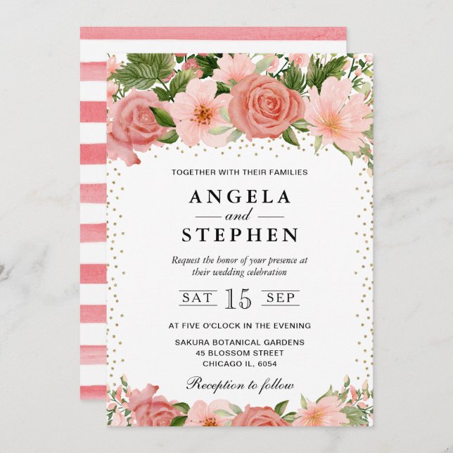 Invitation Aquarelle rose Roses Fleurs Mariage (Devant / Derrière)