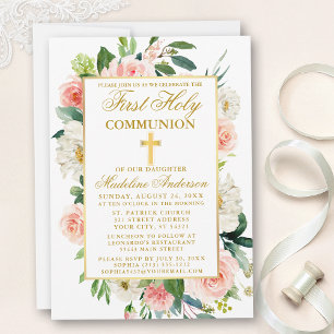 Invitation Aquarelle rose Roses Fleurs Or Première Communion
