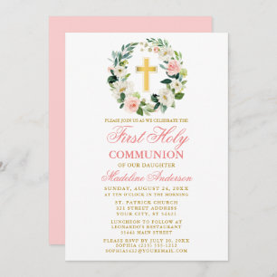 Invitation Aquarelle rose Roses Wreath Première Communion Or