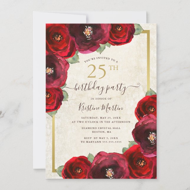 Invitation Aquarelle rose rouge chic or floral 25e anniversai (Devant)