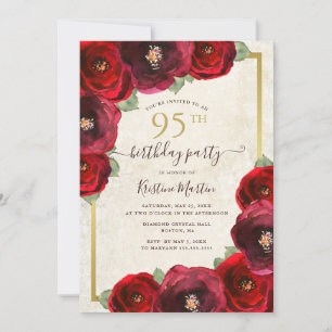 Invitation Aquarelle rose rouge chic or floral 95e anniversai