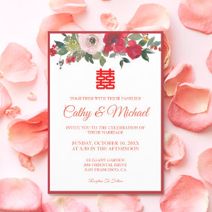 Invitation Aquarelle rose rouge floral moderne mariage chinoi