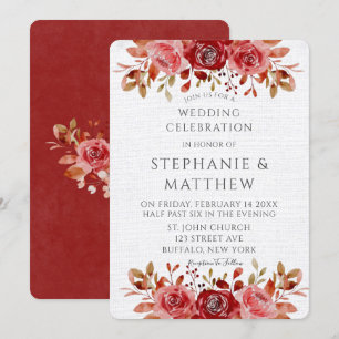 Invitation Aquarelle rose rouge pivoines lin blanc Mariage