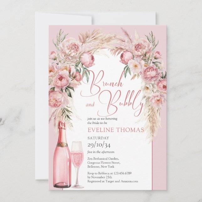 Invitation Aquarelle rose rousse fleurs brunch et mousseux (Devant)