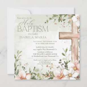Invitation Aquarelle rose rousse fleurs rose croix en bois ba