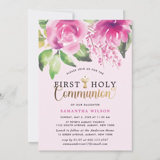 Invitation Aquarelle rose rousse Première communion sainte (Devant)