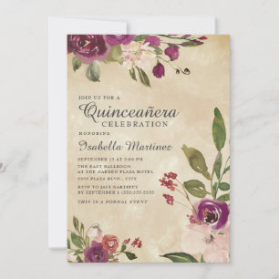 Invitation Aquarelle rose Russe violet Floral Quinceañera