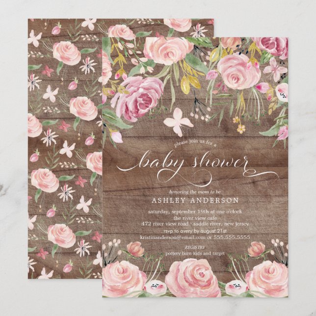 Invitation Aquarelle rose rustique Baby shower floral (Devant / Derrière)