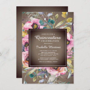 Invitation Aquarelle rose rustique Floral Brown Quinceañera