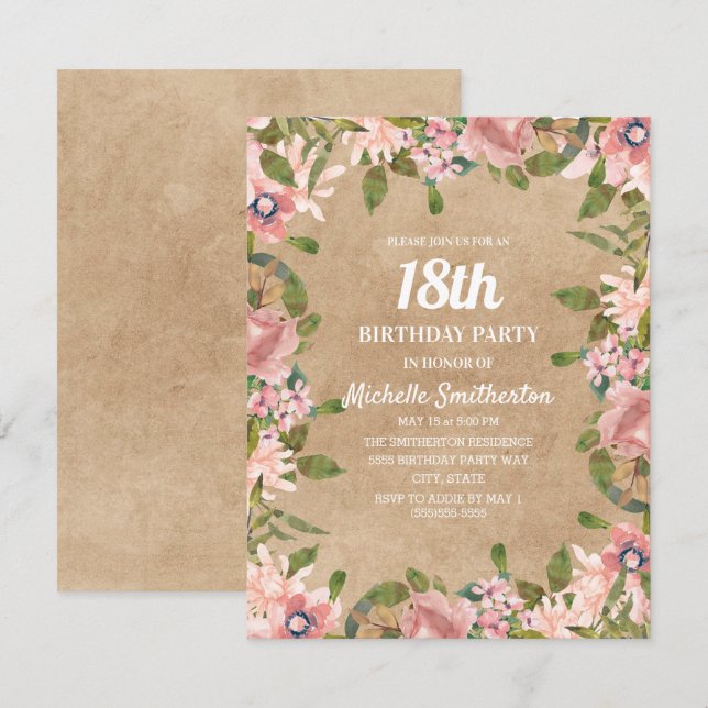 Invitation Aquarelle rose Rustique Kraft Floral 18e anniversa (Devant / Derrière)