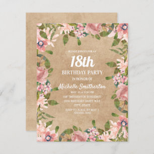 Invitation Aquarelle rose Rustique Kraft Floral 18e anniversa