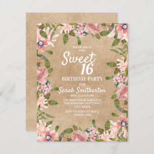 Invitation Aquarelle rose rustique Kraft Floral Sweet 16