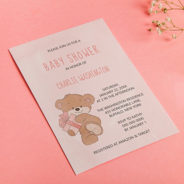 Invitation Aquarelle rose simple Baby shower ours en peluche (Créateur téléchargé)