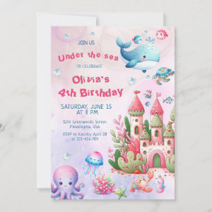 Invitation Aquarelle rose Sous La Mer Fille Anniversaire