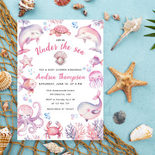 Invitation Aquarelle rose Sous Le Baby shower Sea Girl
