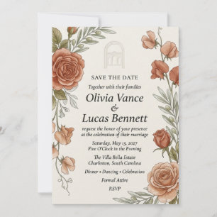 Invitation Aquarelle Rose Terracotta et Feuillage d'Olivier