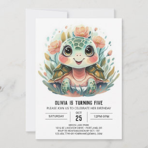 Invitation Aquarelle rose Tortue fille Anniversaire