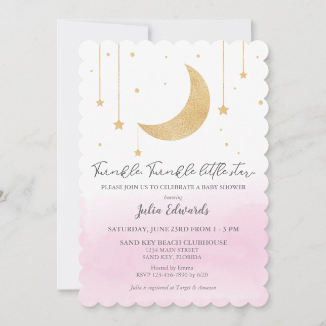 Invitation Aquarelle rose Twinkle Baby shower Little Star (Devant)