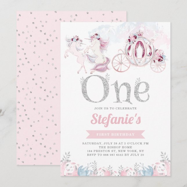 Invitation Aquarelle rose Unicorn Fairytale Premier anniversa (Devant / Derrière)