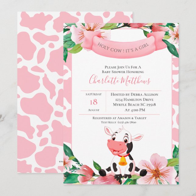 Invitation Aquarelle rose Vache mignonne Baby shower Floral (Devant / Derrière)