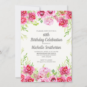 Invitation Aquarelle rose verdure fleurie 60e anniversaire