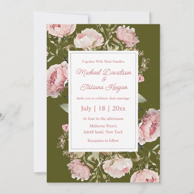 Invitation aquarelle rose vert fleuri mariage (Devant)