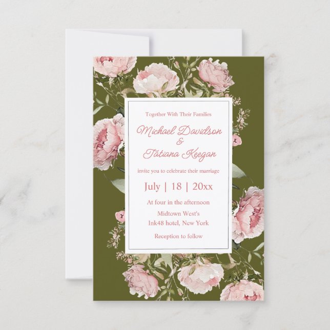 Invitation aquarelle rose vert floral mariage  (Devant)