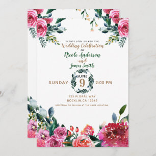 Invitation Aquarelle rose vert Vintage Mariage Floral