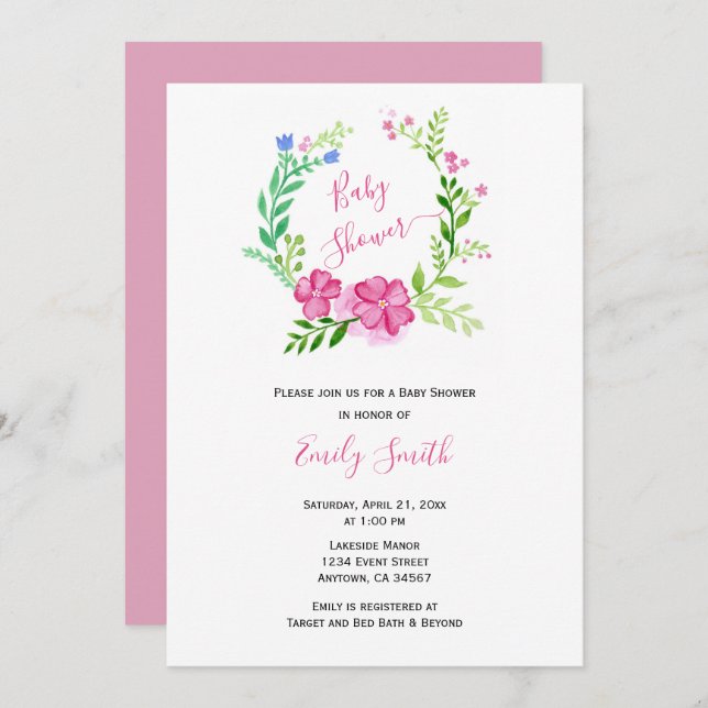 Invitation Aquarelle rose verte | Baby shower virtuel (Devant / Derrière)