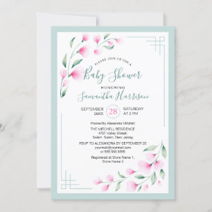 Invitation Aquarelle rose verte de la Monnaie Aile Baby showe