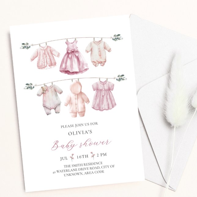 Invitation Aquarelle rose Vêtements de bébé Baby shower fille (Créateur téléchargé)