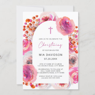 Invitation Aquarelle rose vif Arc Floral Christening Inv