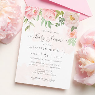 Invitation Aquarelle rose vif Baby shower de pivoine florale