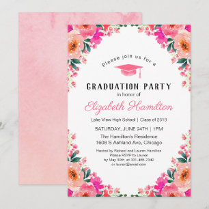 Invitation Aquarelle rose vif Fête de graduation florale