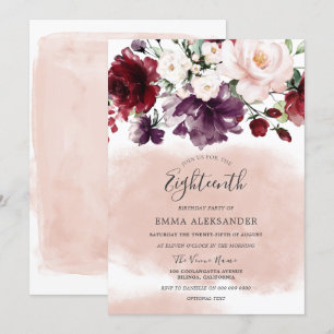 Invitation Aquarelle rose vif Filles florales 18e anniversair