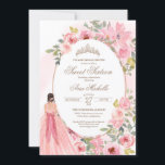 Invitation Aquarelle rose vif Floral Sweet 16 Anniversaire<br><div class="desc">Fleurs d'aquarelle rose vif,  et une fille dans une belle robe assortie. Consultez la boutique pour cette invitation avec des filles dans différentes couleurs de cheveux et de teintes de peau et plus de variations.</div>