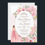 Invitation Aquarelle rose vif Floral Sweet 16 Anniversaire In<br><div class="desc">Fleurs d'aquarelle rose vif,  et une fille dans une belle robe assortie. Consultez la boutique pour cette invitation avec des filles dans différentes couleurs de cheveux et de teintes de peau et plus de variations.</div>