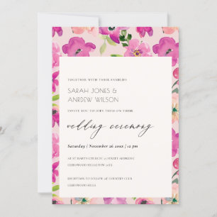 Invitation Aquarelle rose vif rétro Mariage floral