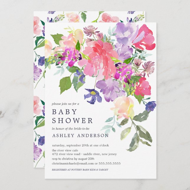 Invitation Aquarelle rose violet Baby shower Floral (Devant / Derrière)