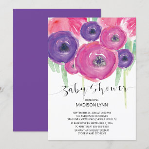 Invitation Aquarelle rose violet Baby shower Floral Girls