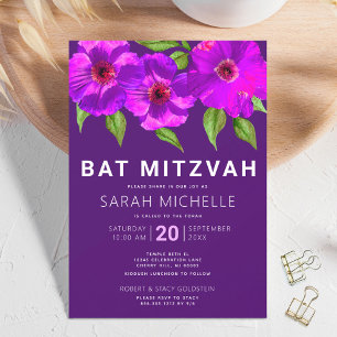 Invitation Aquarelle rose violet bat mitzvah Floral Moderne