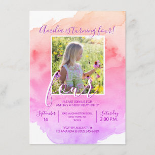 Invitation Aquarelle rose violet fille 4e ANNIVERSAIRE