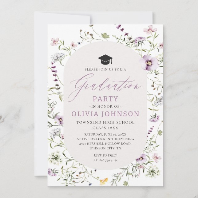 Invitation Aquarelle rose violet Fleur sauvage Graduation (Devant)
