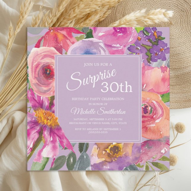 Invitation Aquarelle rose violet Fleurs sauvages 30e annivers (Pink and purple watercolor wildflowers surprise 30th birthday party invitation)