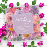 Invitation Aquarelle rose violet Fleurs sauvages 50e annivers<br><div class="desc">Elégante botanique violet et rose floral sur carré rose surprise 50ème anniversaire invitation à la fête. Le texte,  la police,  la taille de police et la couleur sont entièrement personnalisables,  donc cette carte peut être customisée pour répondre parfaitement à vos besoins.</div>