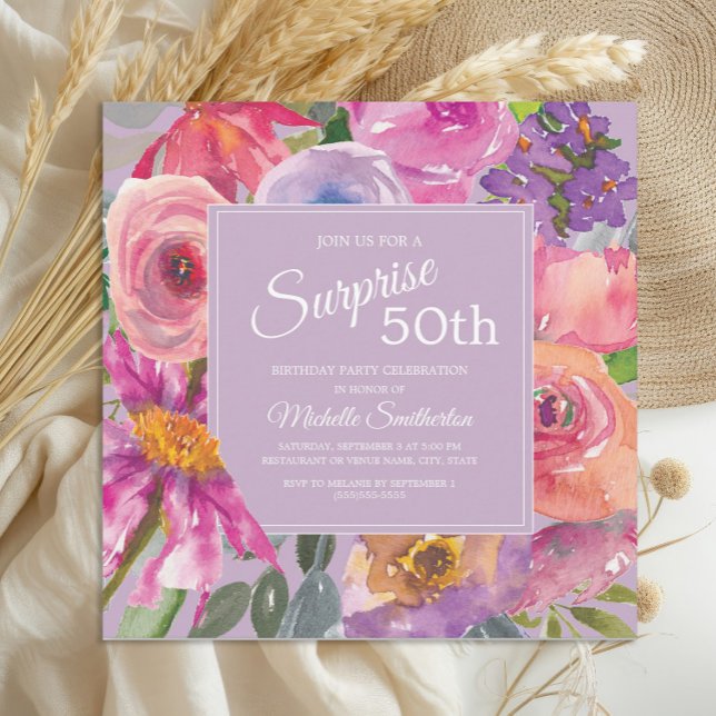Invitation Aquarelle rose violet Fleurs sauvages 50e annivers (Elegant purple and pink watercolor wildflowers surprise 50th birthday party invitation)