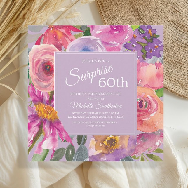 Invitation Aquarelle rose violet Fleurs sauvages 60e annivers (Pink and purple watercolor wildflowers surprise 60th birthday party invitation)