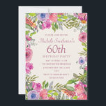Invitation Aquarelle rose violet Fleurs sauvages 60e annivers<br><div class="desc">Invitation pour la fête du 60e anniversaire des femmes avec de jolis fleurs sauvages d'aquarelle de style boho en violet et rose avec verdure et feuillage. Personnalisé avec votre propre texte. Contactez-moi pour obtenir de l'aide sur vos personnalisations ou pour demander des produits Zazzle correspondants ou coordonnés supplémentaires pour votre...</div>