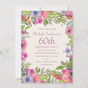Invitation Aquarelle rose violet Fleurs sauvages 60e annivers